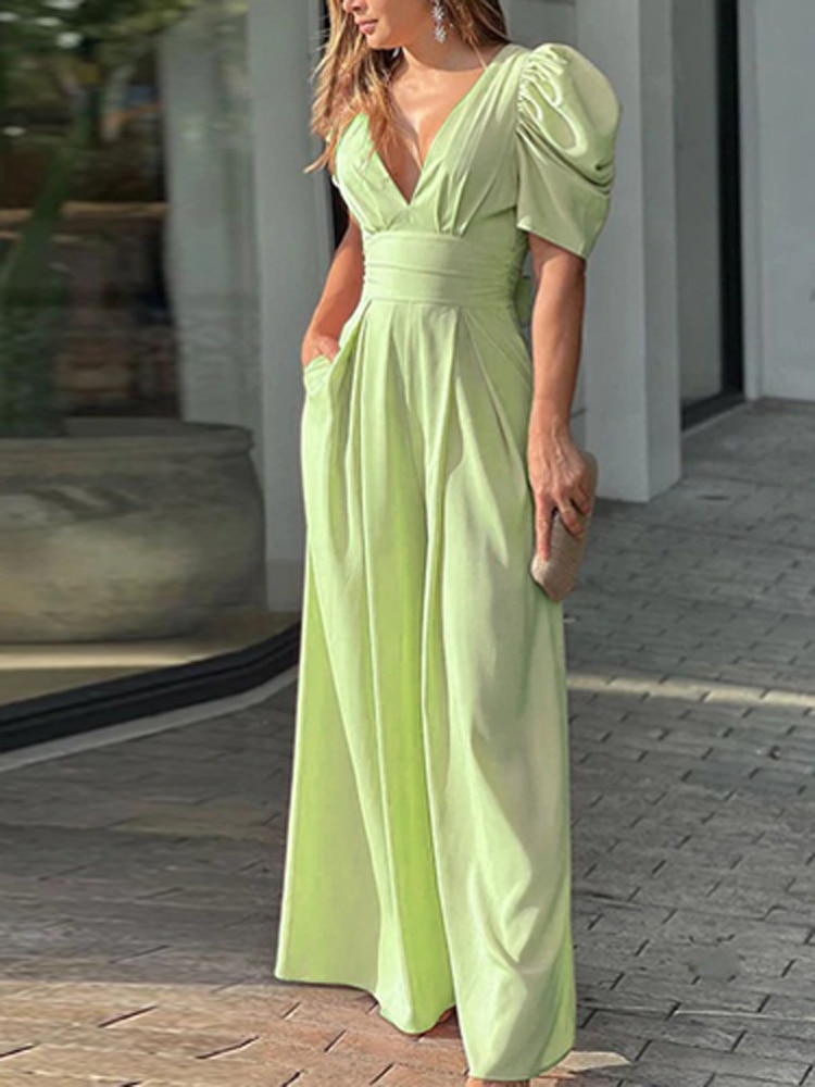 Elegant V-Neck Backless Short Sleeve Jumpsuit Lady Fashion Solid Office Wide Leg Playsuit High Street Casual Loose P